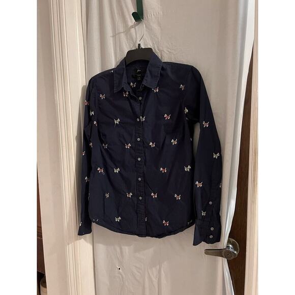 J Crew Dog Days Scottie Dog Navy Button Up Top Sz 4 Preppy Novelty Print Slim - Picture 2 of 8